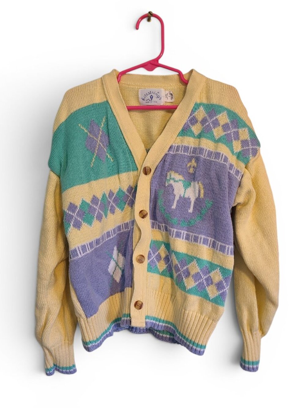 Vintage Kitestrings Pastel Yellow Cotton Ccardigan Sweater Horse Argyle Pattern